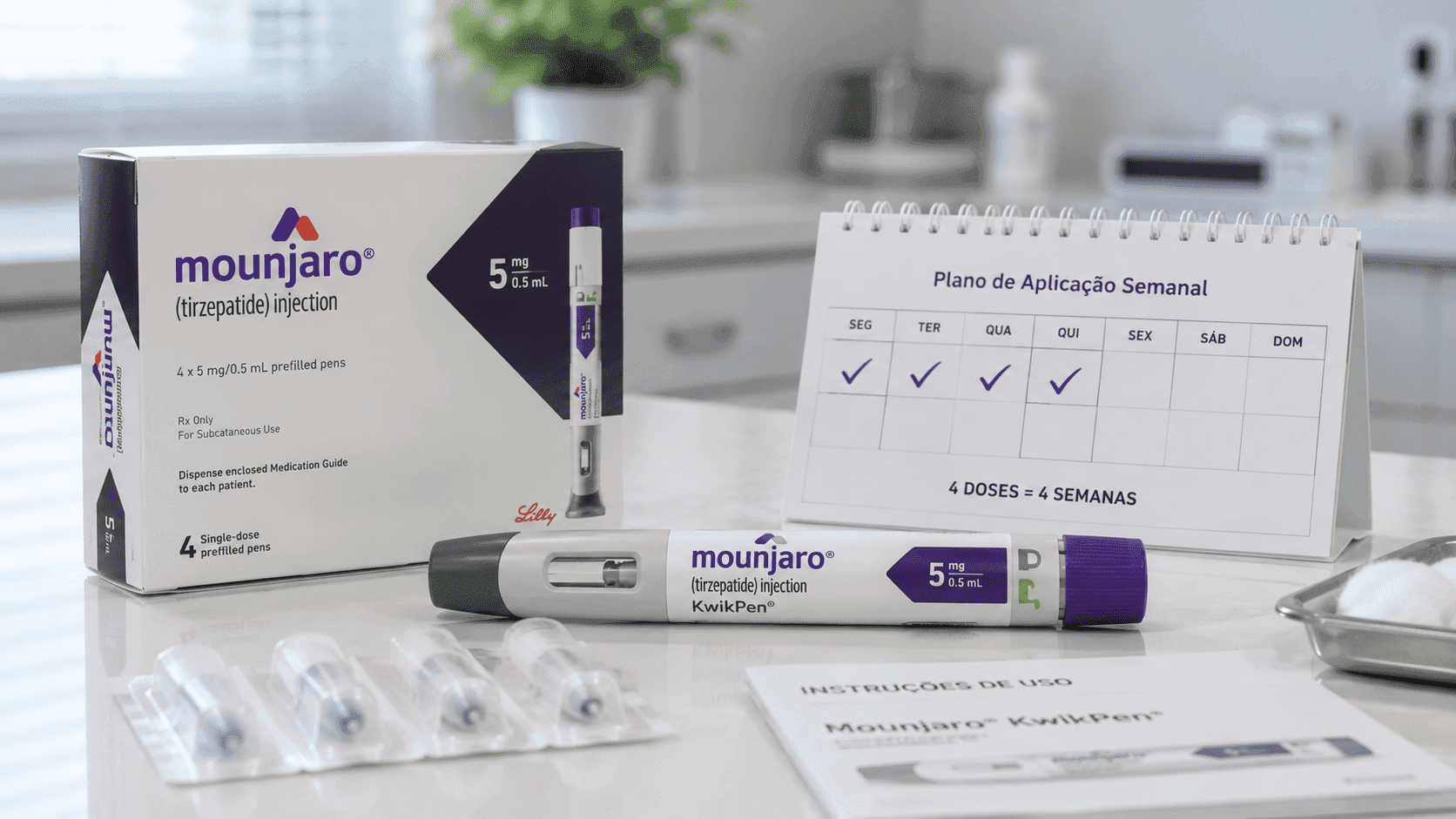 Caneta de aplicação multidose sobre bancada médica ao lado de agulhas descartáveis, calendário com quatro aplicações semanais e embalagem do medicamento em ambiente clínico moderno e bem iluminado.