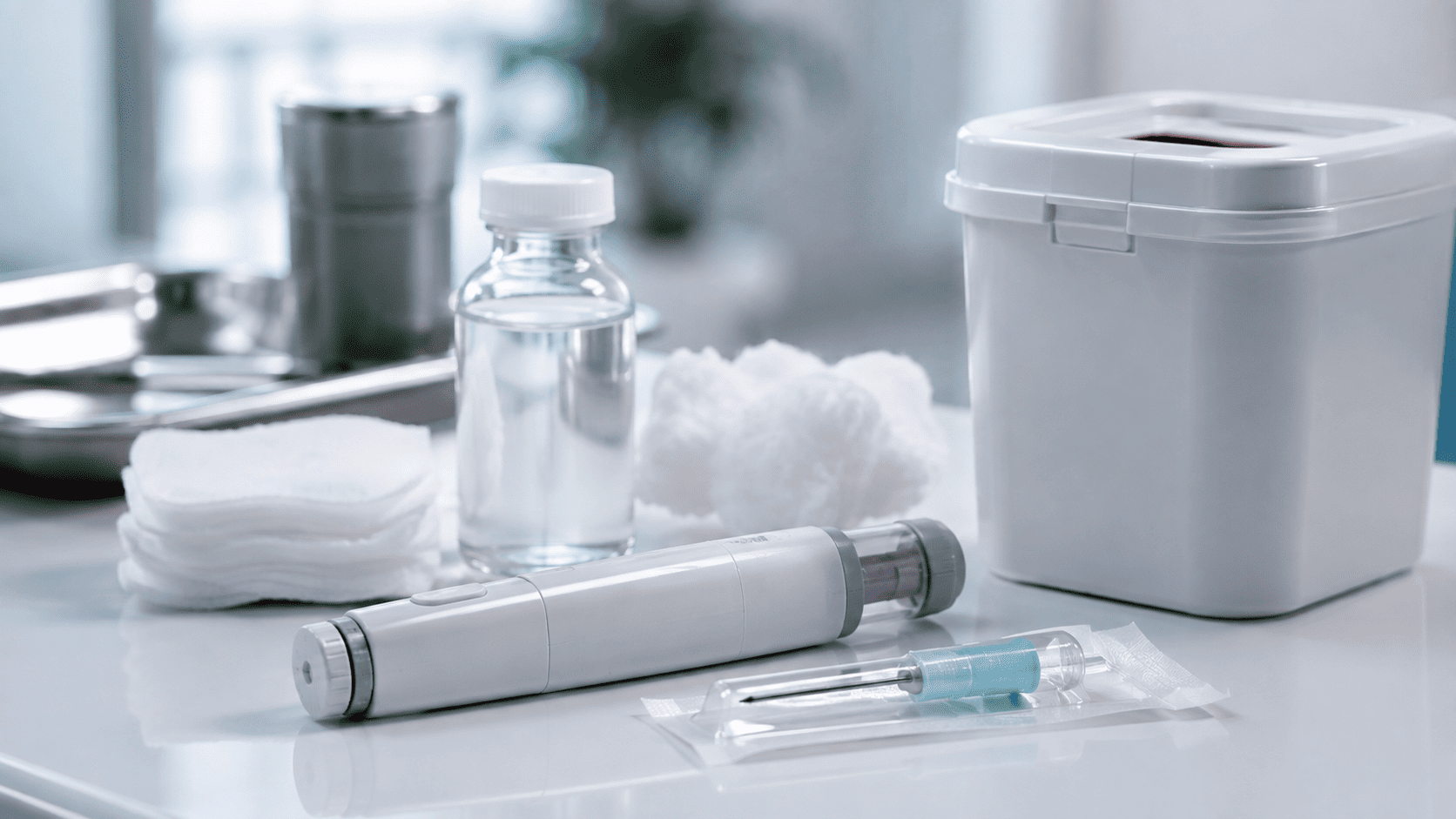 Caneta aplicadora de medicamento, agulha estéril, álcool 70%, algodão e coletor de perfurocortantes em ambiente clínico.